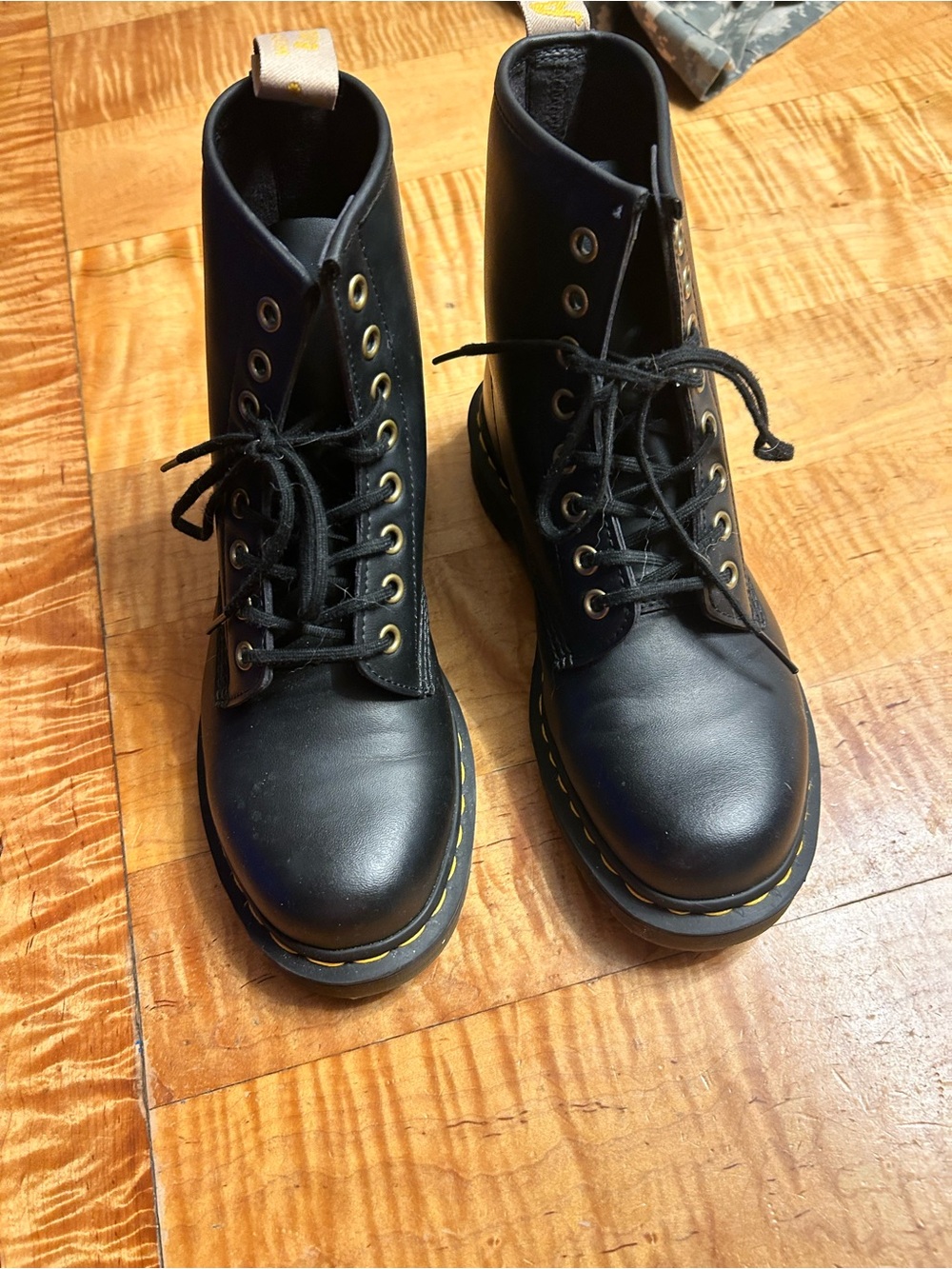 Dr. Martens Black Vegan Lace-Up Boots with Yellow Stitching